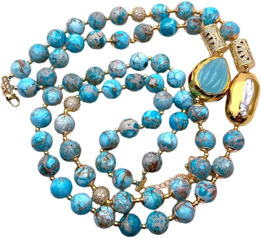 2 Strands Blue Sea Sediment Jasper & White Biwa Pearl Bead Necklace