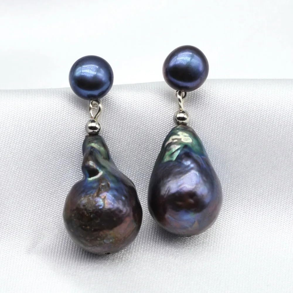 Natural Baroque Black Pearl Handmade Silver Drop Earrings