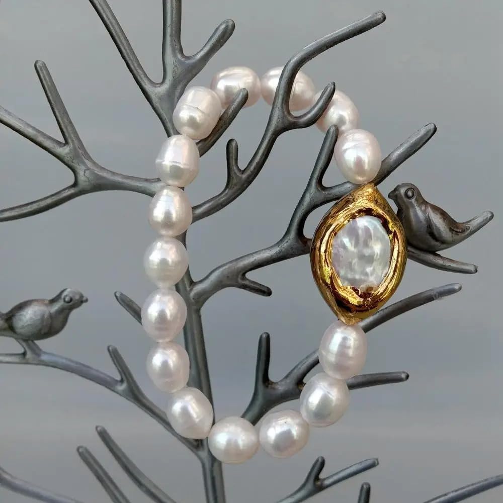 Natural White Rice Pearl Bracelet with Gold Plated Keshi Pearl Accent, Elastic