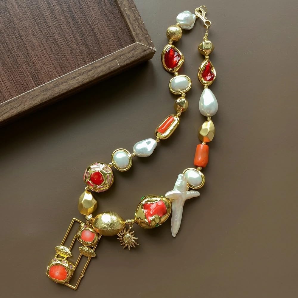 Vintage Baroque Pearl Mixed Gemstone Beaded Necklace Gold Plated