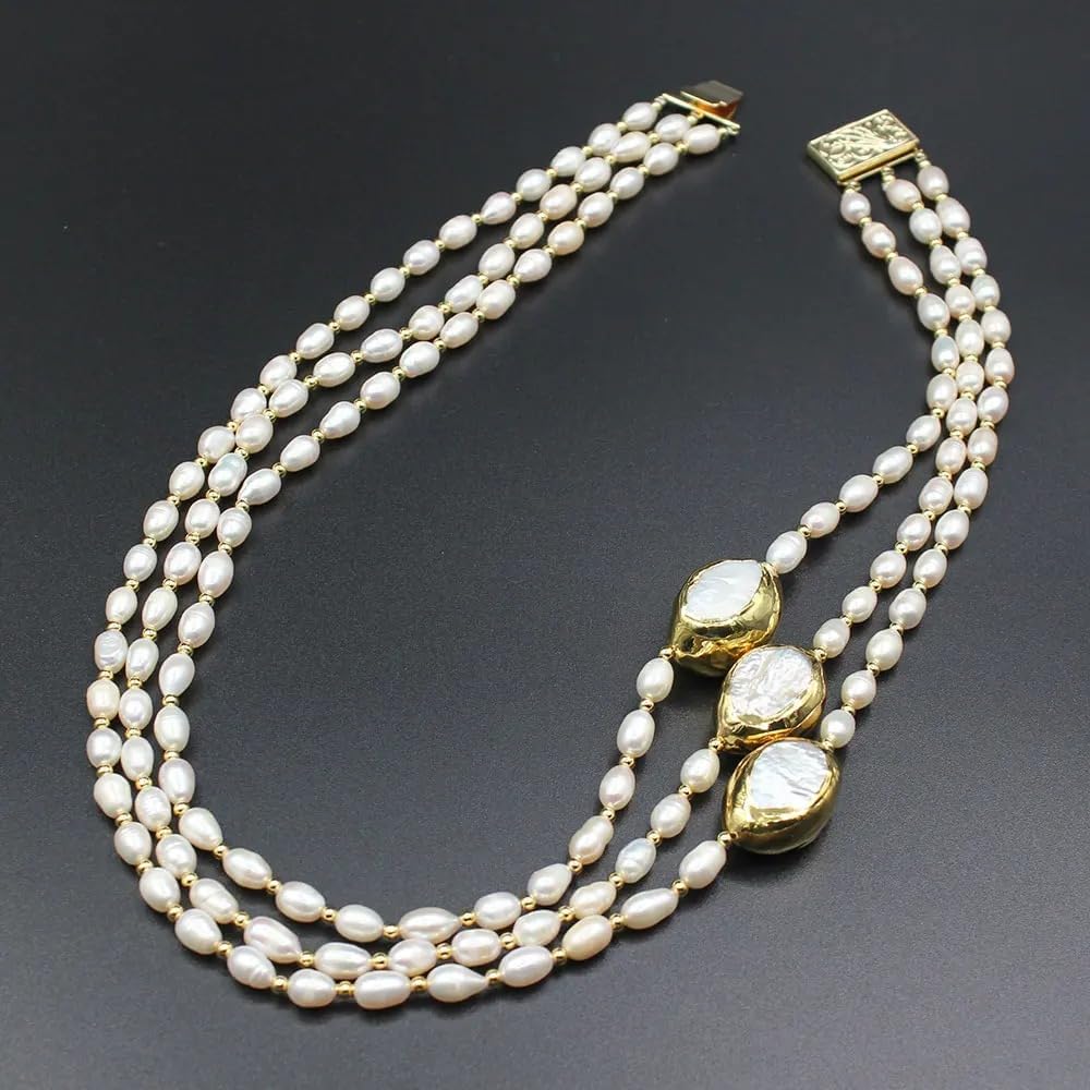 3-Row Cultured Rice Pearl Necklace with Keshi Pearl and Gold Plated Connector, White Choker