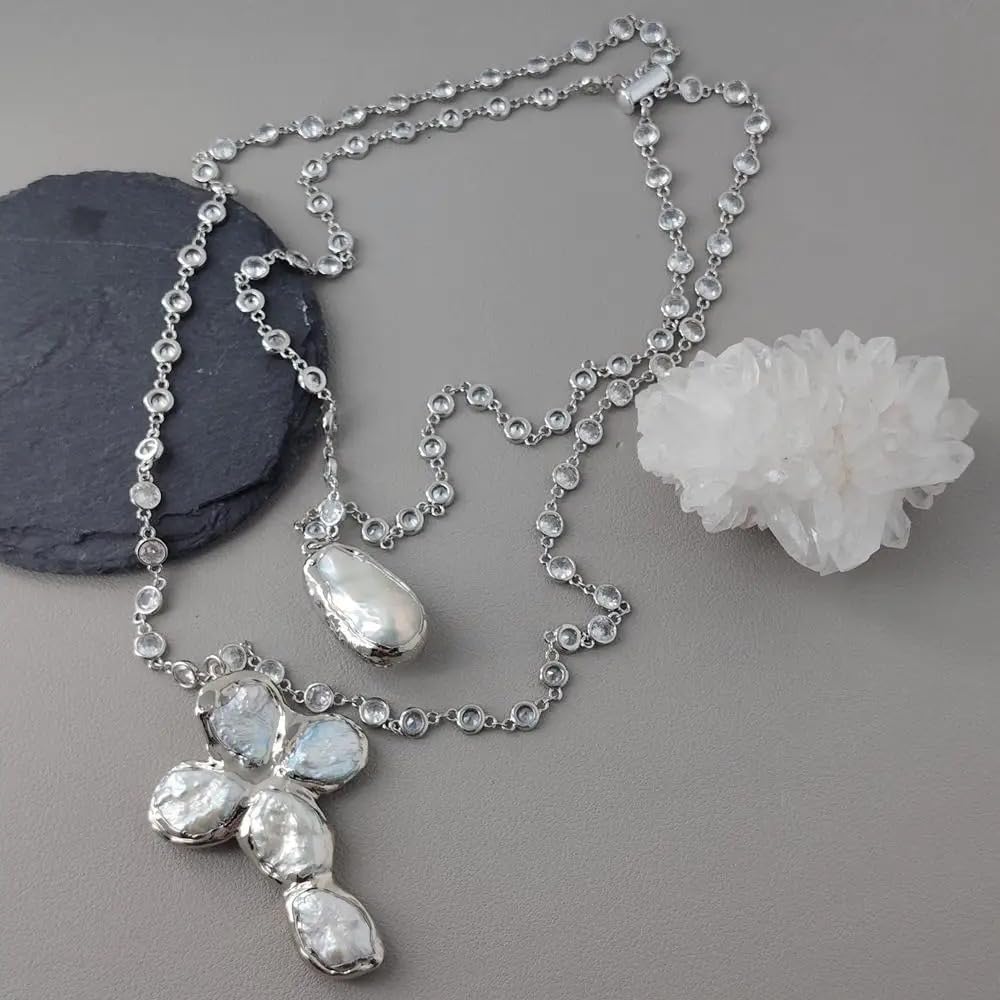 Handmade Baroque Pearl Cross Necklace, White, Silver Rosary Chain, 19x33mm Pearl Crucifix Pendant, 2 Strands, Bohemian Style