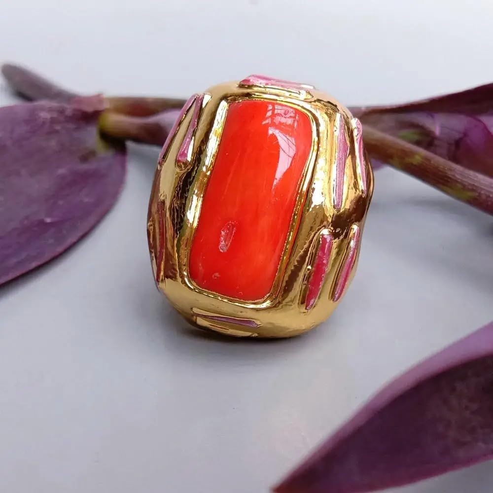 Big Orange Coral Adjustable Ring 24x28mm Gold Plated Fashion Ring | Anniversary Jewelry, Gold Plated Finish, Adjustable Band, 24x28mm Size