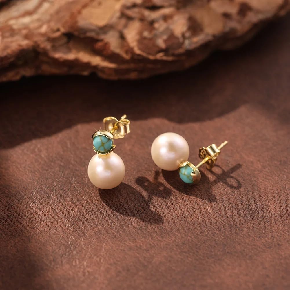 Big Pearl Ball Charm Round Turquoise 925 Sterling Silver Stud Earrings