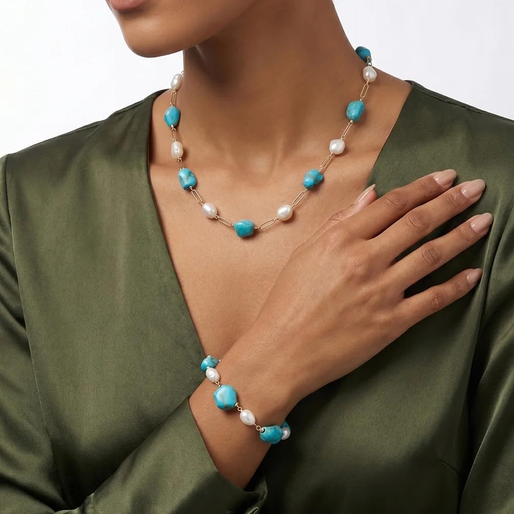 925 Silver Gold Plated Turquoise Stone White Pearl Strand Bracelet