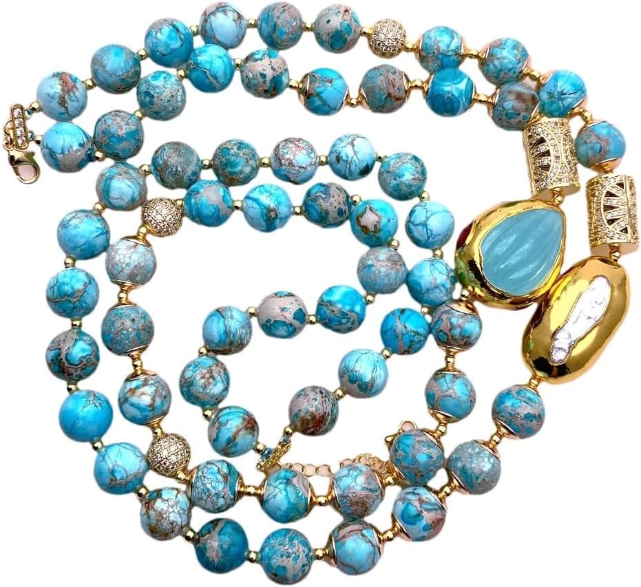 2 Strands Blue Sea Sediment Jasper & White Biwa Pearl Bead Necklace
