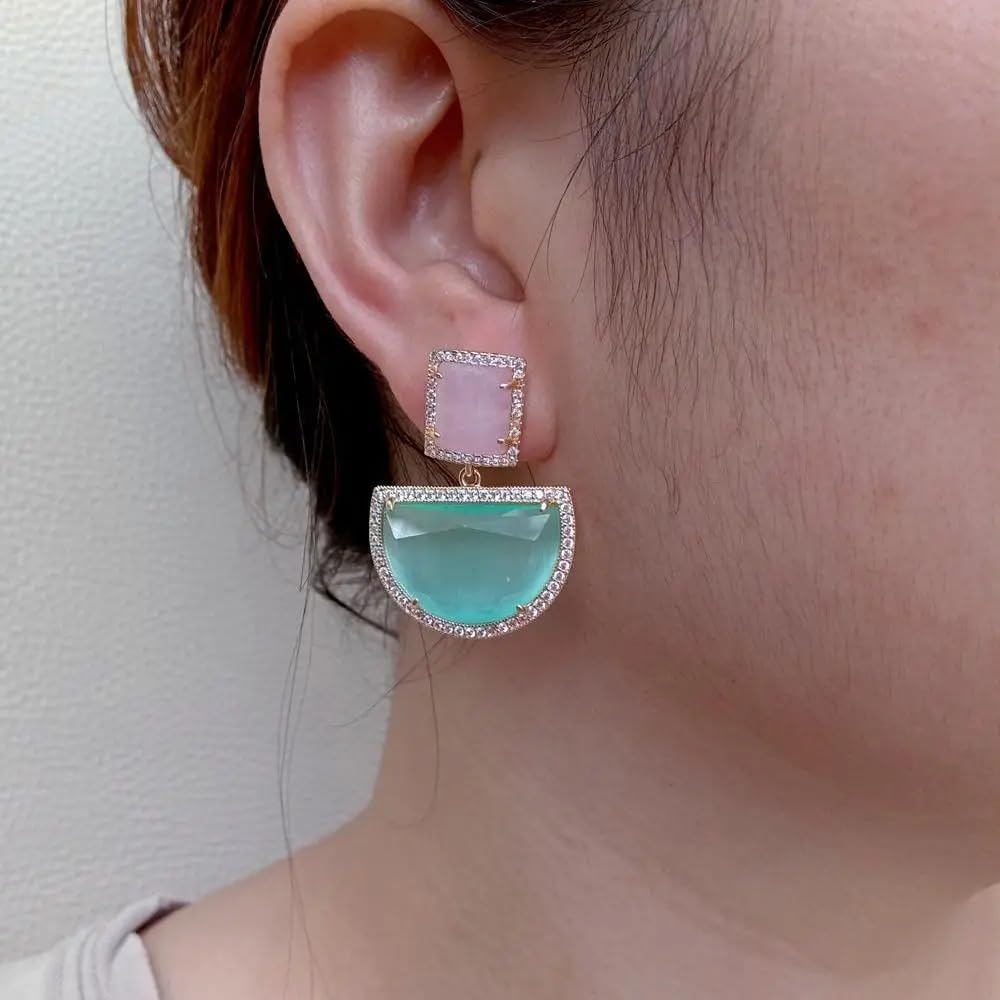 Elegant Geometric Dangle Earrings, Rose Gold Plated, Green and Pink Cat Eye, Semi-Circle Design, 8x26mm, Fashion Statement Jewelry
