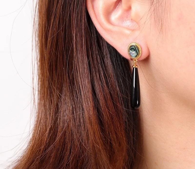 Vintage Gold Abalone Shell Drop Earrings, Oval Iridescent Stone with Black Onyx Teardrop Dangle, Statement Jewelry