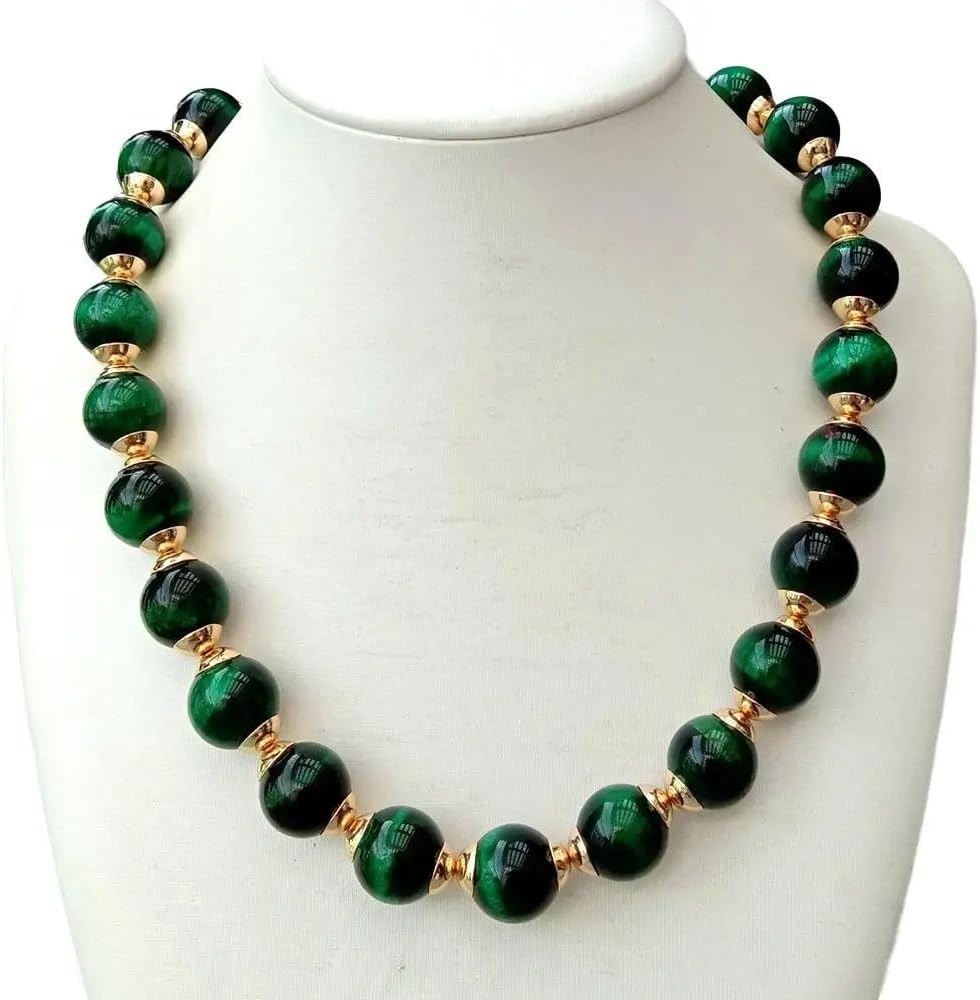 Green Tiger's Eye Beaded Choker Necklace, 14mm Round Beads, 18.5 Inches, Gold-Tone Magnetic CZ Clasp