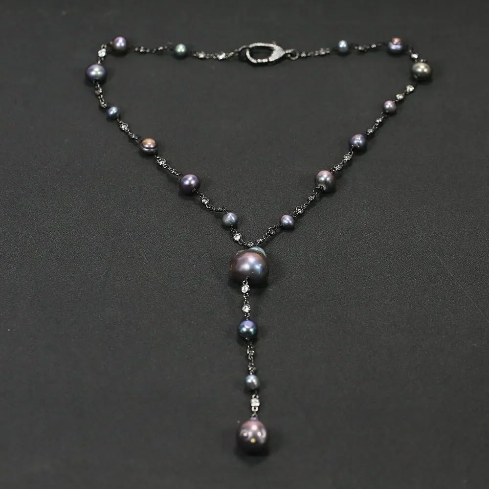 Baroque Black Pearl Necklace with CZ Crystal Chain, Cultured Round Pearls, Gunmetal Gold Plated Pendant