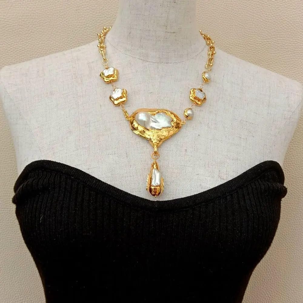 Generic Cultured White Keshi Flower Pearl Chain Necklace, Golden