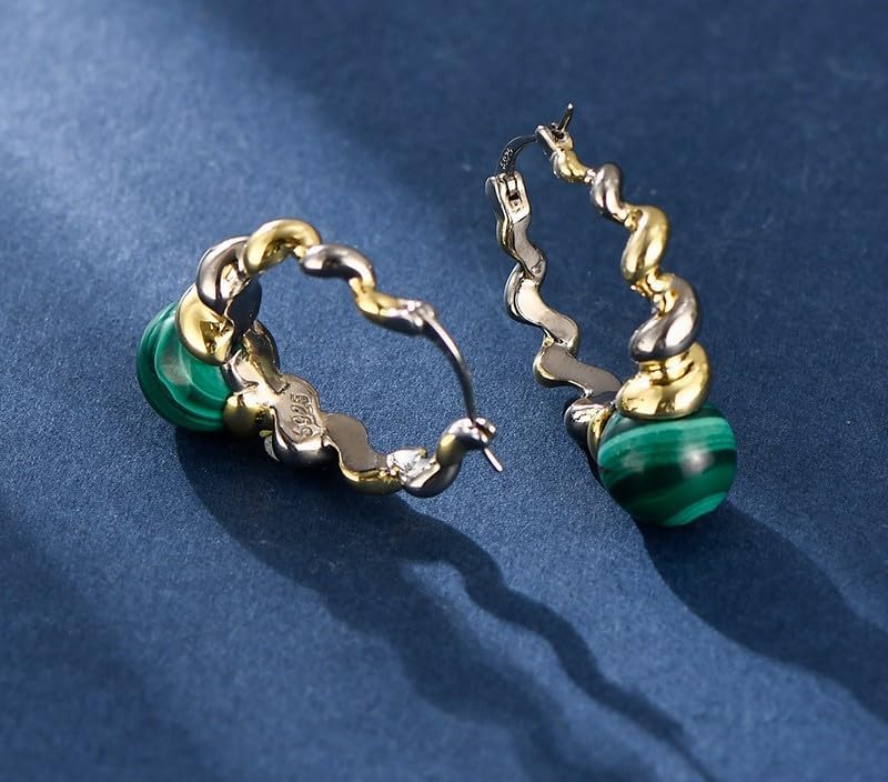 Natural Malachite 925 Sterling Silver Dangle Earrings Women Dichroic Plating Spiral Twisted Chic Earring