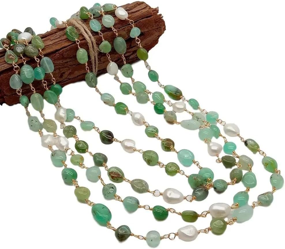 Green Chrysoprase freeform Cultured White Rice Pearl Necklace