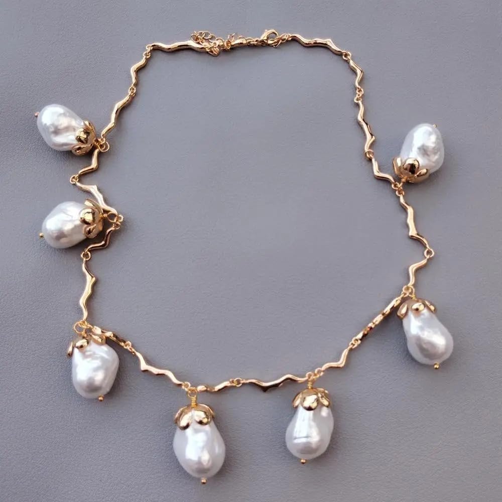 Gold Plated White Sea Shell Pearl Chain Link Necklace