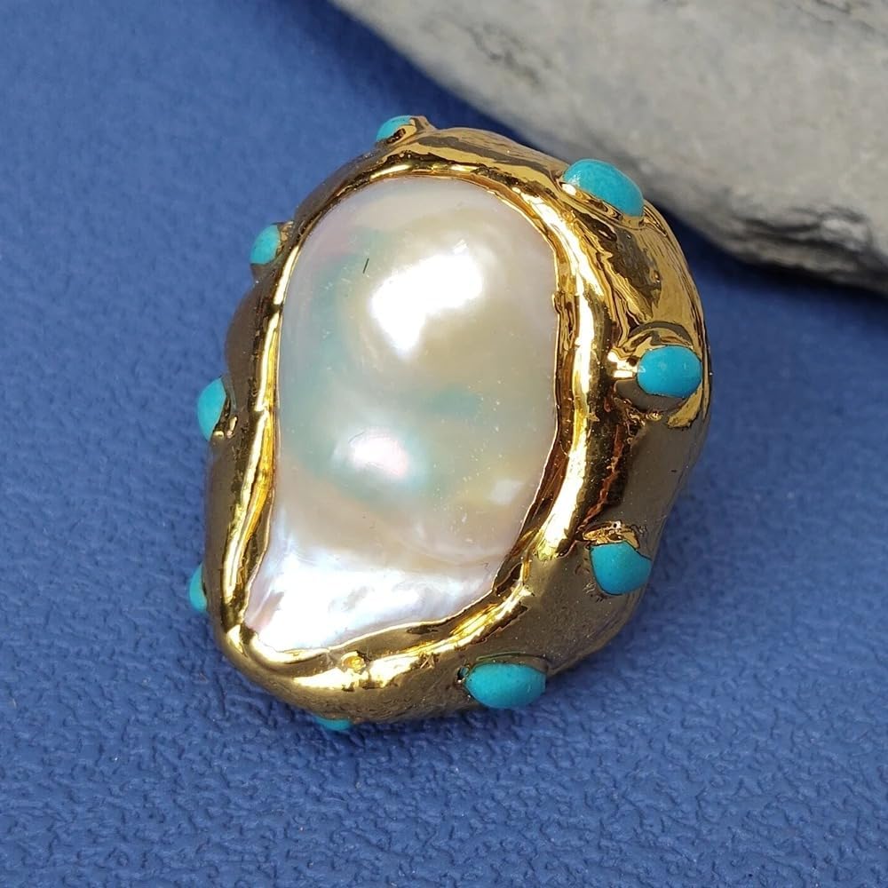 Natural Freshwater Keshi Pearl Blue Ring 25x29mm Reborn | Freshwater Pearl, 25x29mm Size, Natural Material, Blue Color, Keshi Pearl