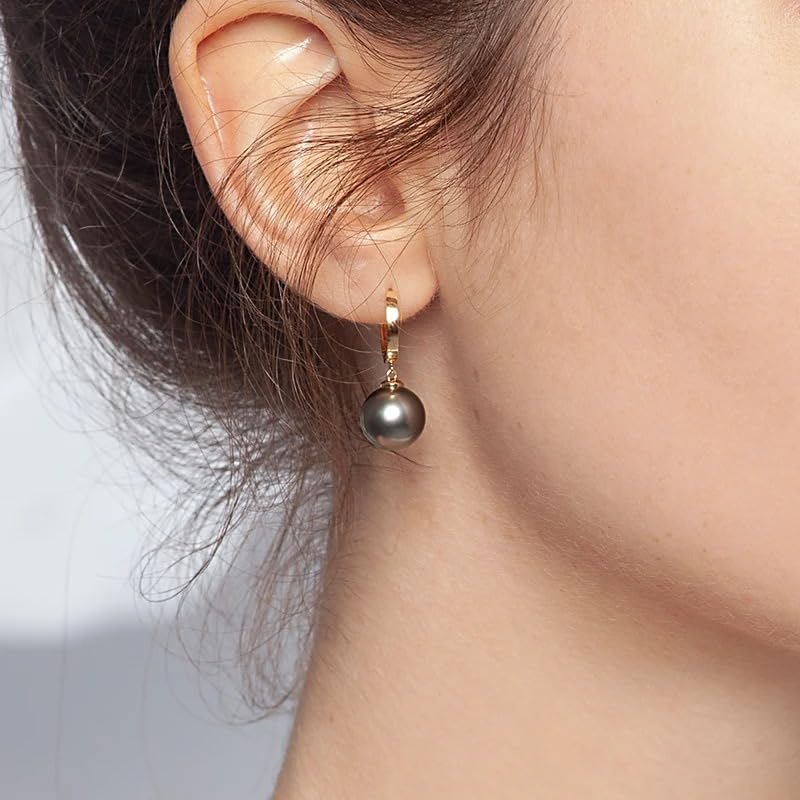 14K Gold Black Pearl Drop Hoop Earrings, Classic Dangle Style