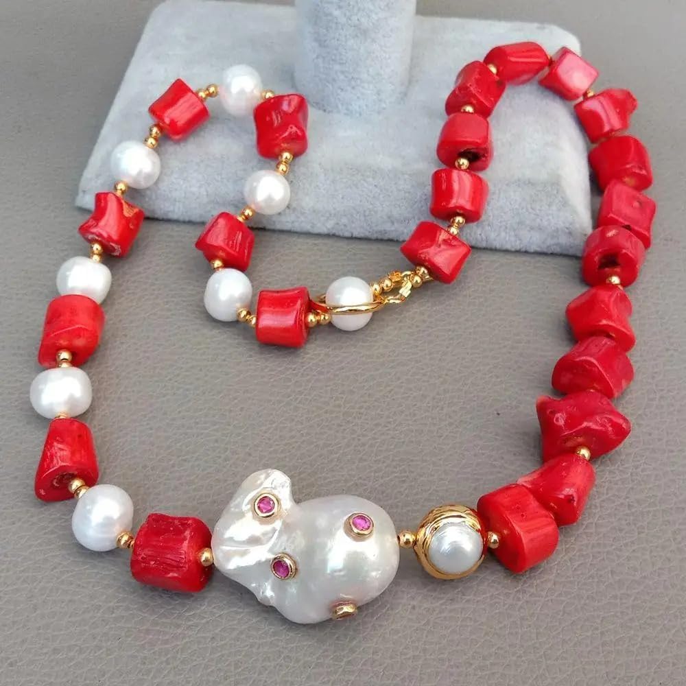 Red Coral White Pearl Necklace with Keshi Pearl CZ Pave Pendant