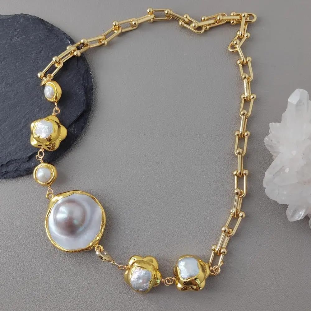 Elegant Pearl Necklace, Gold-Toned Chain with 32mm Gray Mabe Pendant, 20mm White Cultured Pearl Flower Collar