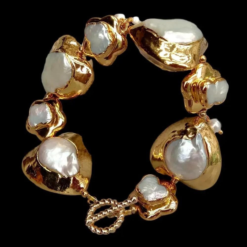 Baroque Pearl Heart Bracelet, 9 Inch Gold Plated Toggle Clasp, White Keshi Pearl with Black Accent Beads