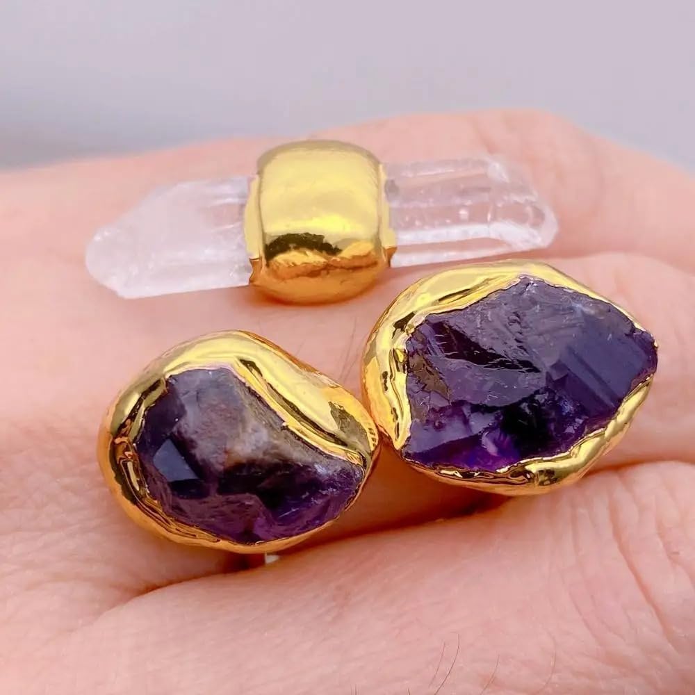 Handcrafted Natural Stone Ring, Gold Plated Amethyst and Quartz Crystal, 13x34mm, Adjustable Designer Statement Jewelry