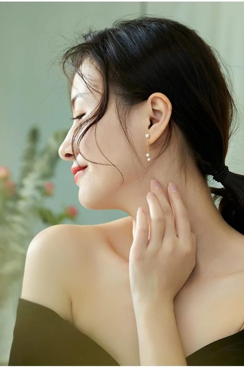 18K Gold Pearl Drop Earrings, AKoya Round Seawater Pearl, Dangle Chain Style, Wedding Gift for Women