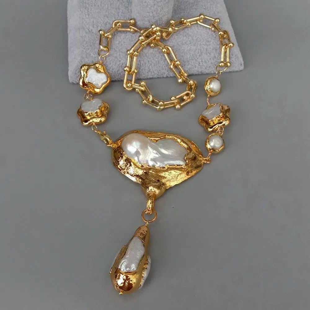 Generic Cultured White Keshi Flower Pearl Chain Necklace, Golden