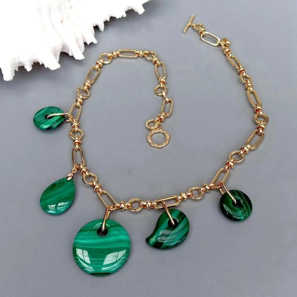 Natural Green Malachite Charm Pendant Gold Plated Chain Necklace | 30mm x 20mm x 18mm, Choker Style, for Women, Stone Pendant, Gold Plated Chain