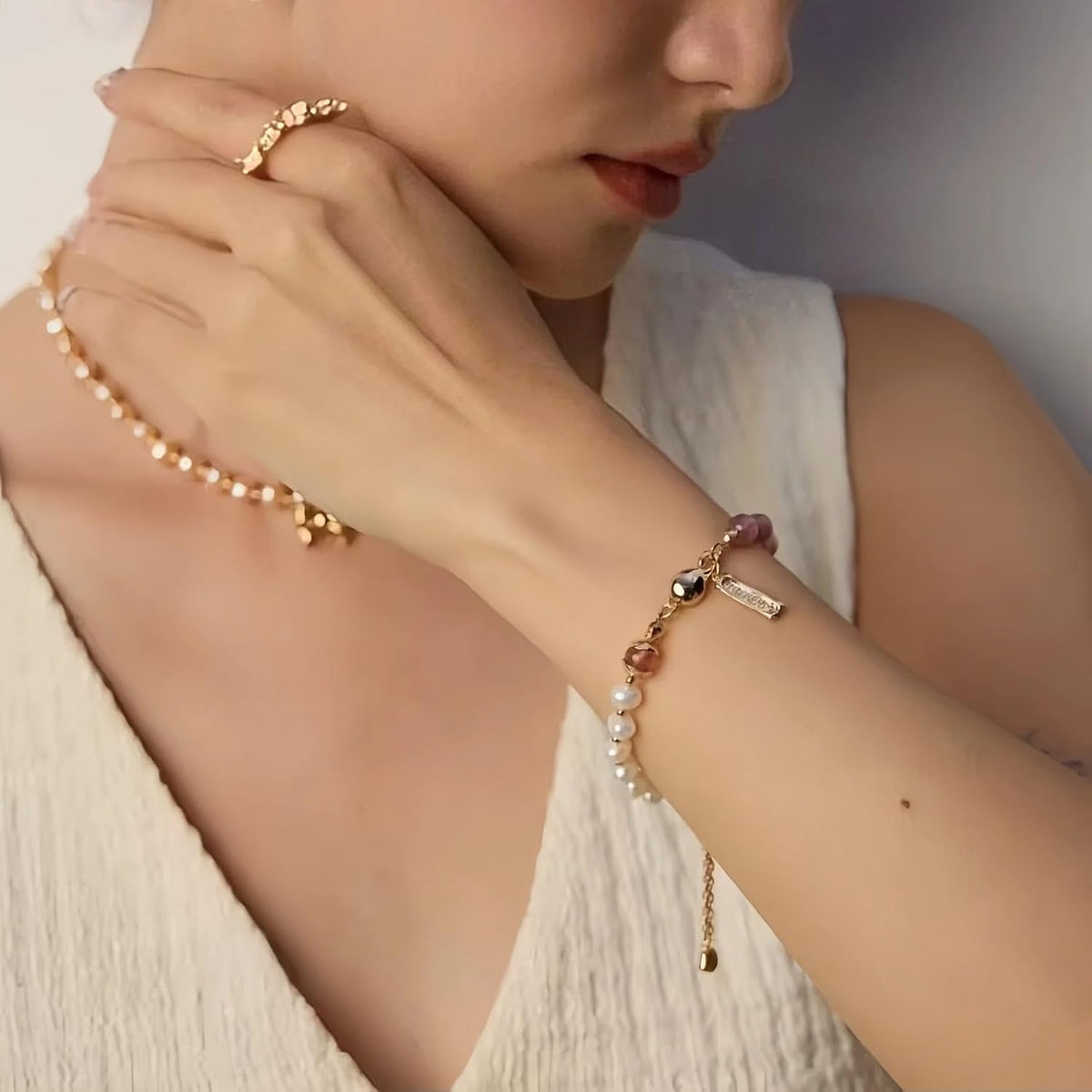 Pearl Moss Agate Strawberry Quartz S925 Silver Beaded Bracelet