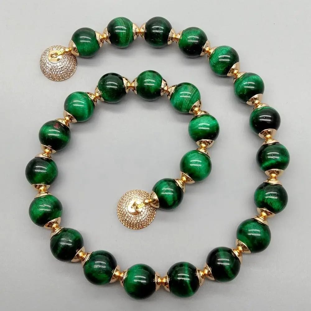 Green Tiger's Eye Beaded Choker Necklace, 14mm Round Beads, 18.5 Inches, Gold-Tone Magnetic CZ Clasp