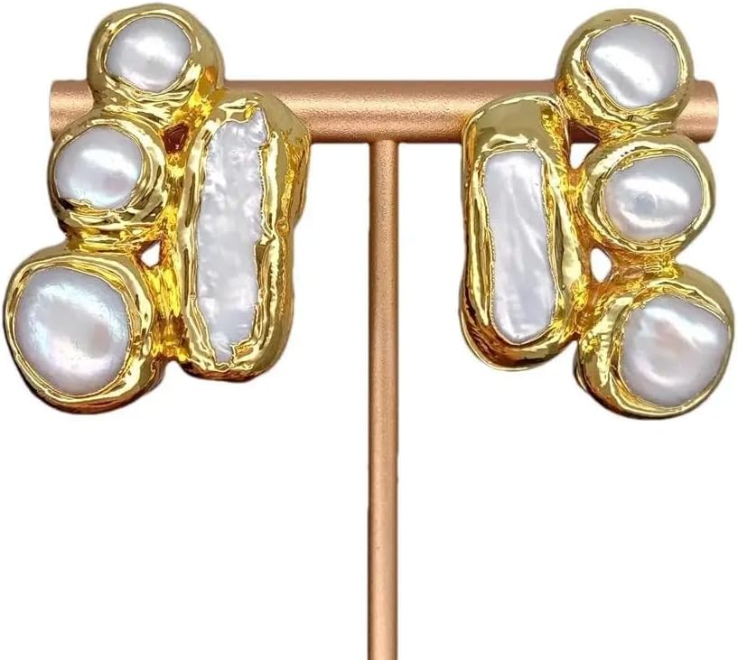 Gold Plated Cultured White Pearl Chunky Stud Earrings for Women