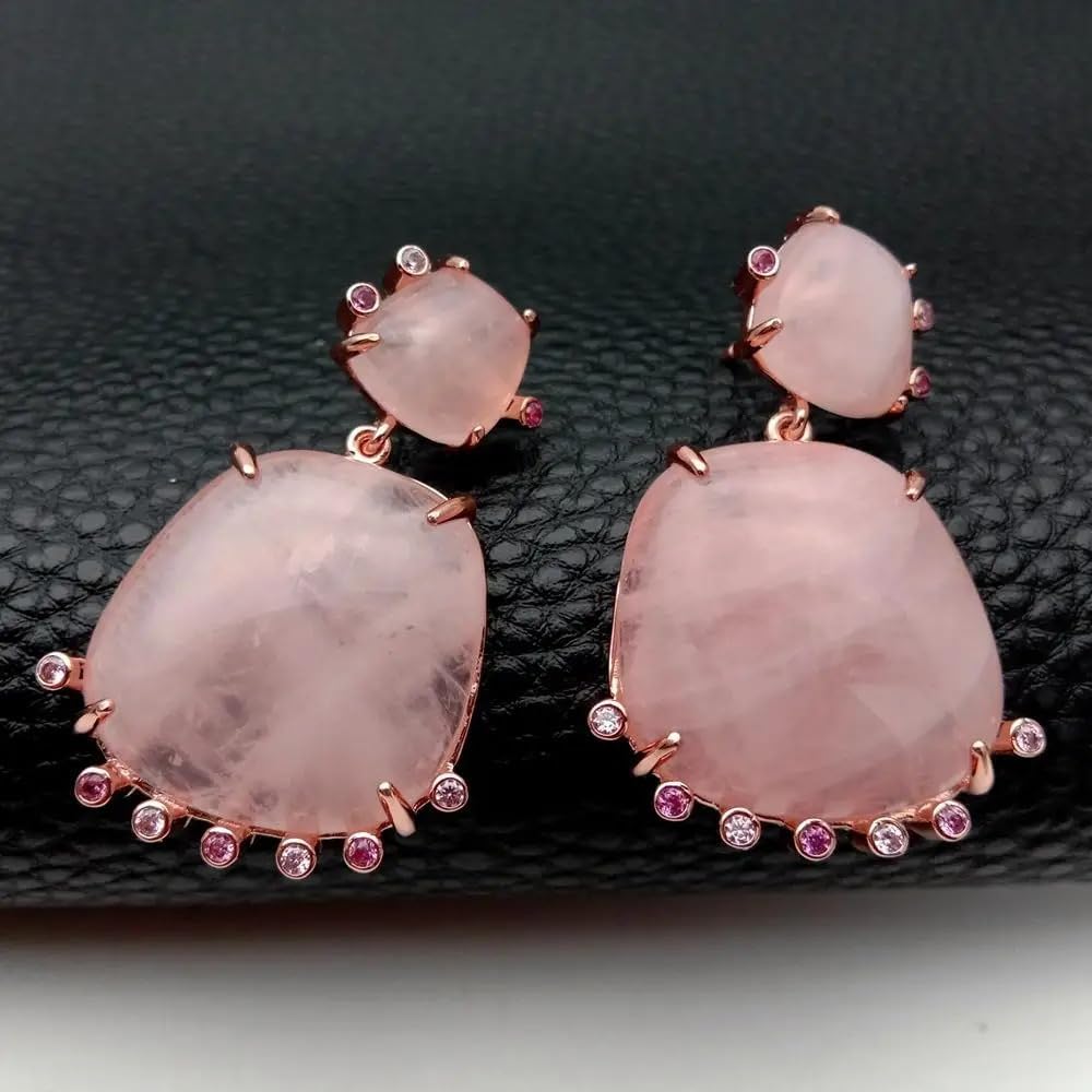 Elegant Rose Quartz Drop Earrings, Rose Gold Plated, Pink Crystal with CZ Accents, 23mm, Statement Jewelry