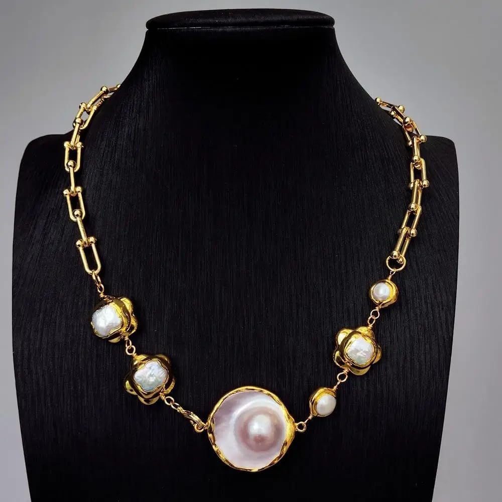 Elegant Pearl Necklace, Gold-Toned Chain with 32mm Gray Mabe Pendant, 20mm White Cultured Pearl Flower Collar
