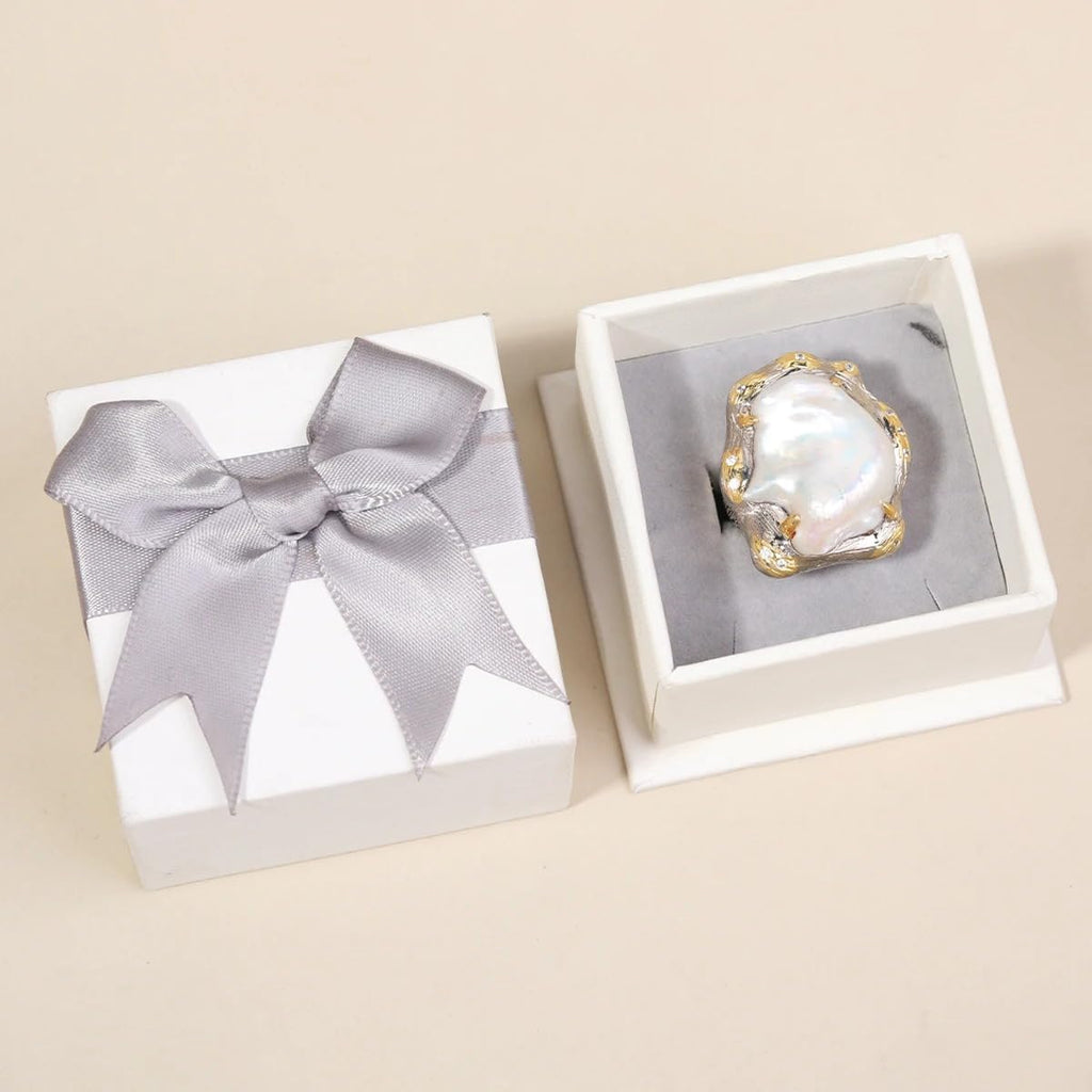S925 Sterling Silver Baroque Pearl Ring, Natural Freshwater Pearl, Two-Tone Silver Gold, Irregular Pattern