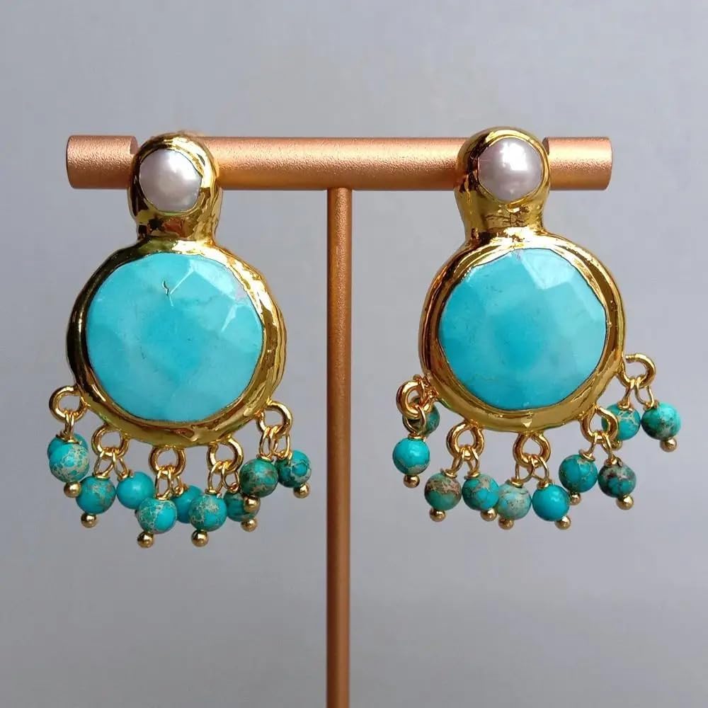 Elegant Gold Plated Turquoise Pearl Dangle Stud Earrings, 22mm, Blue Stone with Pearl Accent, Chandelier Style