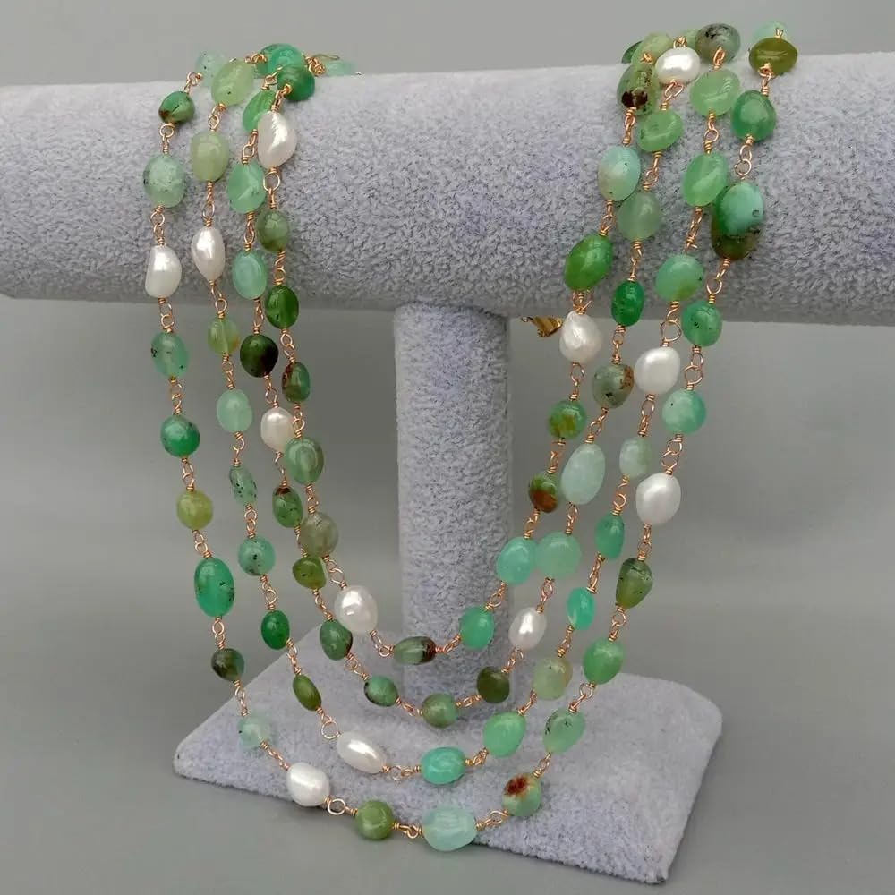 Green Chrysoprase freeform Cultured White Rice Pearl Necklace