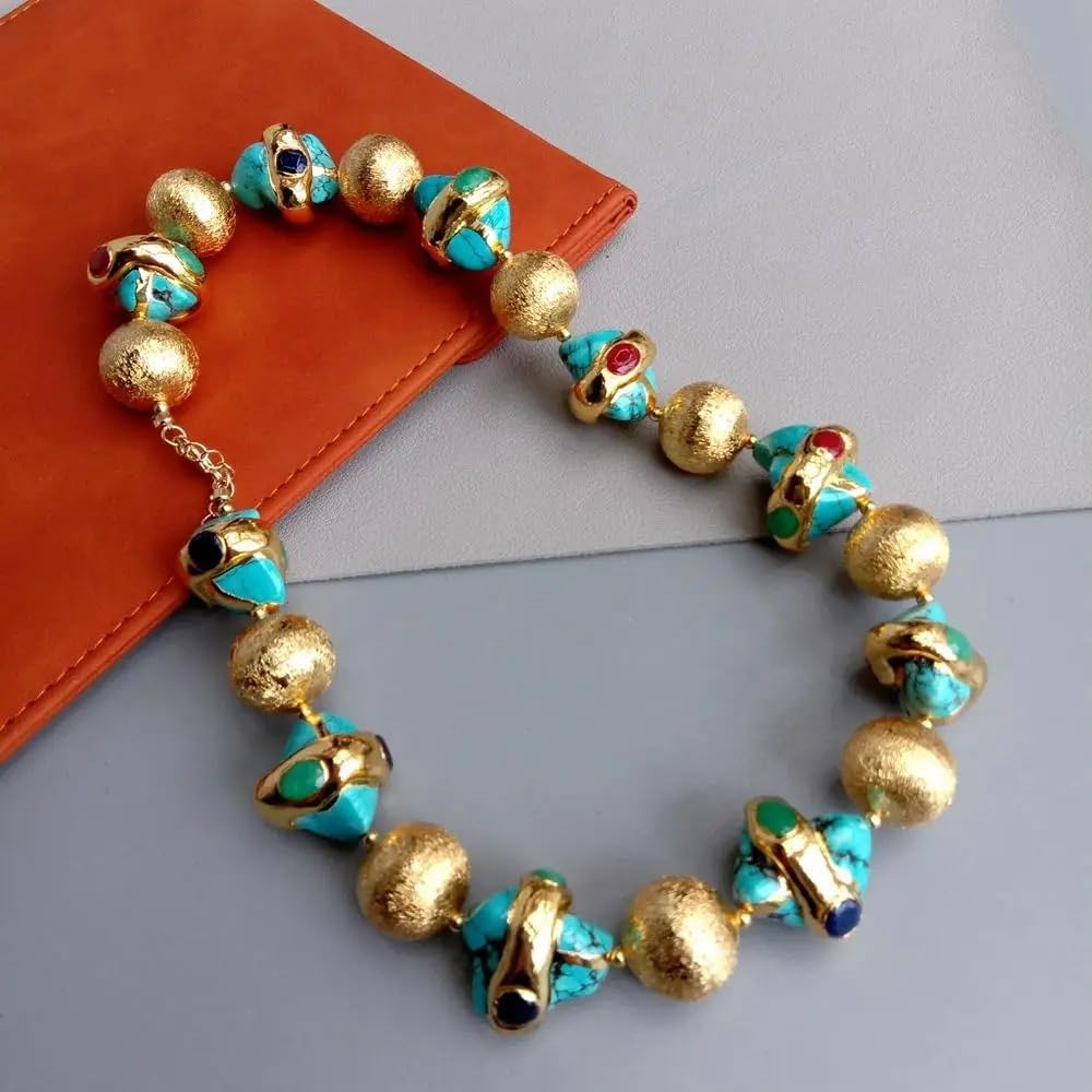 18mm Brushed Beads Blue Turquoise Multi Color Jade Gold Plated Choker