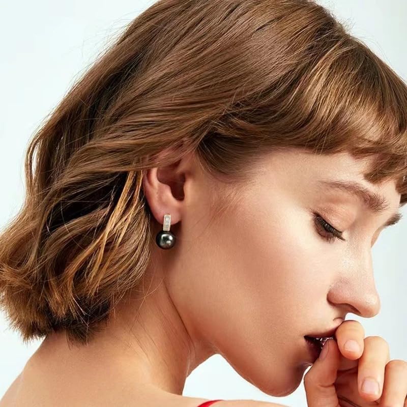 Tahitian Black Pearl Stud Earrings for Women, Real 14K Yellow Gold, Wedding Pearl Earrings