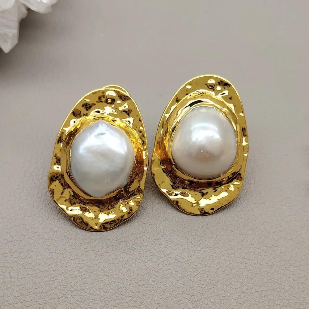 Elegant Freshwater Baroque Pearl Stud Earrings, Gold-Tone Hammered Frame, White Cultured Pearl, Wedding Jewelry