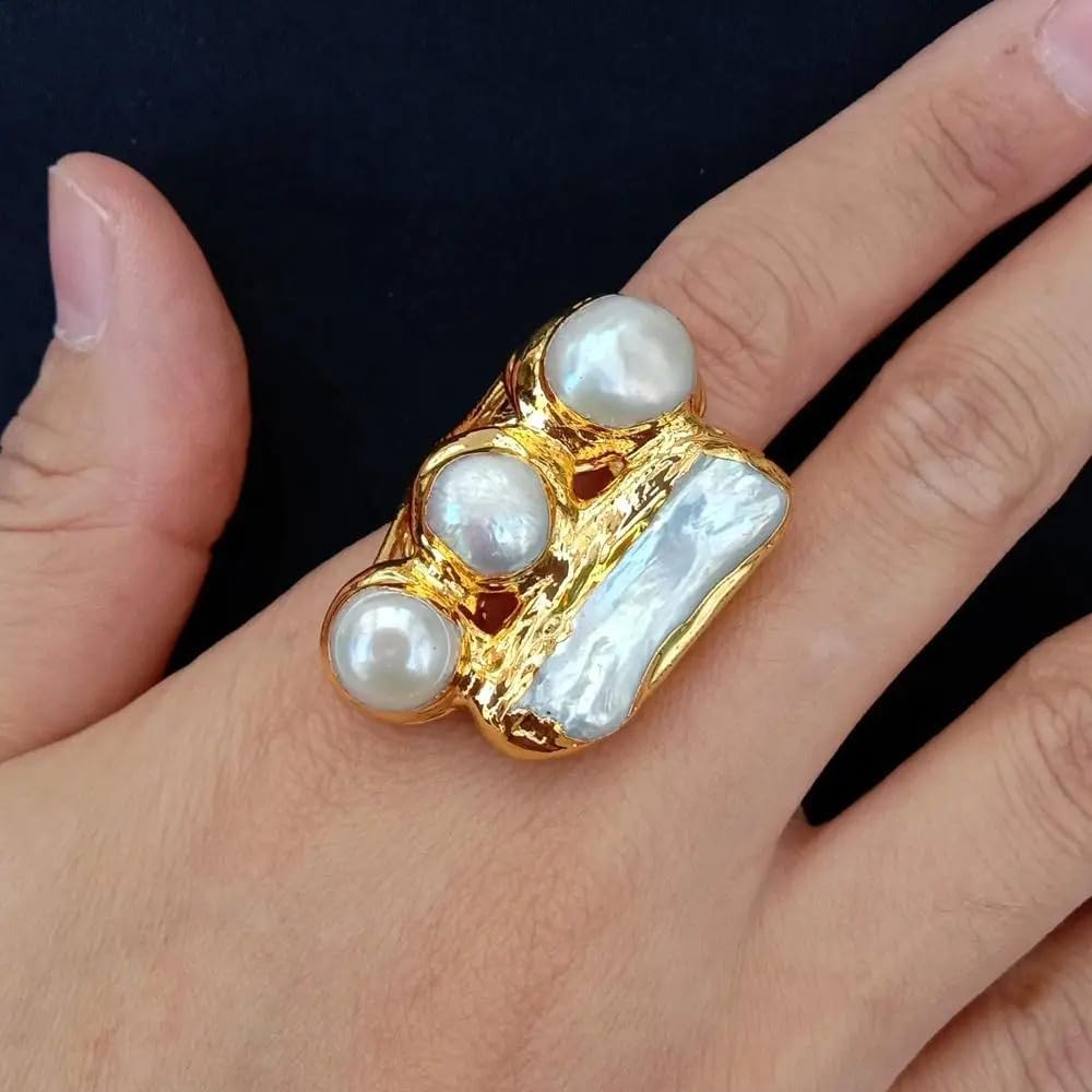 Elegant Cultured Pearl Statement Ring, White Biwa Potato Pearl, 24x36mm, Gold-Tone Finish