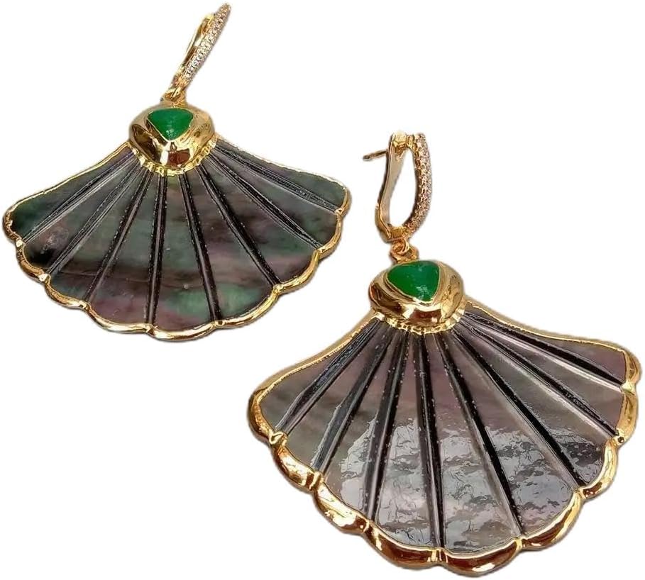 Natural Black Shell Carved Mother Of Pearl Green Agate Ginkgo Leaves Charm Dangle Earrings