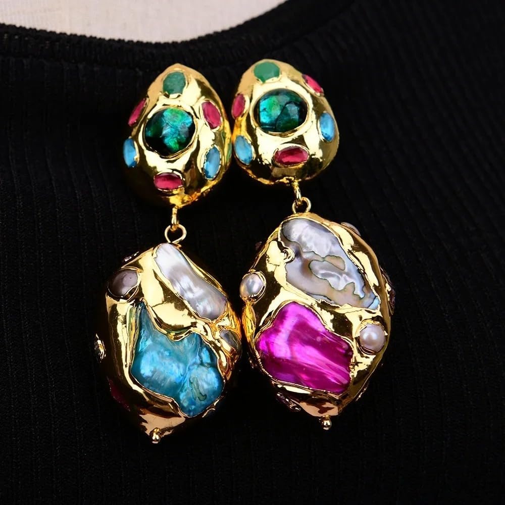 Baroque Pearl Drop Earrings, Gold Plated Multi-Gemstone Statement Jewelry, Handmade Tourmaline Shell Pearl, 25x35mm(tooth shell bead) Length: 2.6"//6.6cm, Semi-precious Stone, No Gemstone