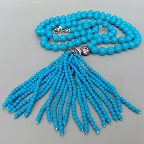 10mm Blue Turquoise Long Necklace with Cubic Zirconia Pave Pearl Tassel