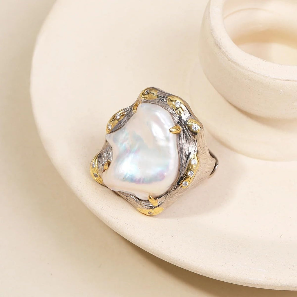 S925 Sterling Silver Baroque Pearl Ring, Natural Freshwater Pearl, Two-Tone Silver Gold, Irregular Pattern