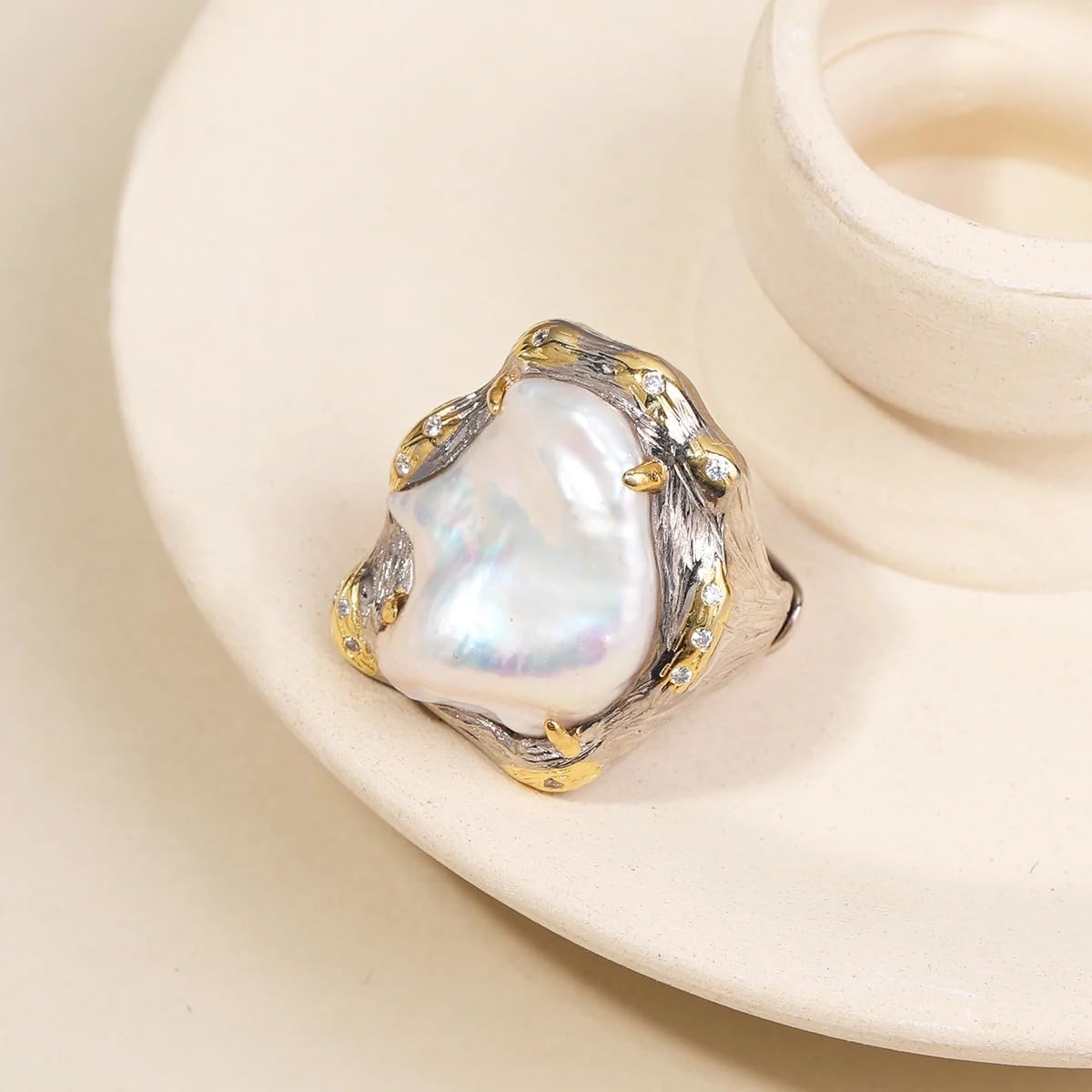 S925 Sterling Silver Baroque Pearl Ring, Natural Freshwater Pearl, Two-Tone Silver Gold, Irregular Pattern