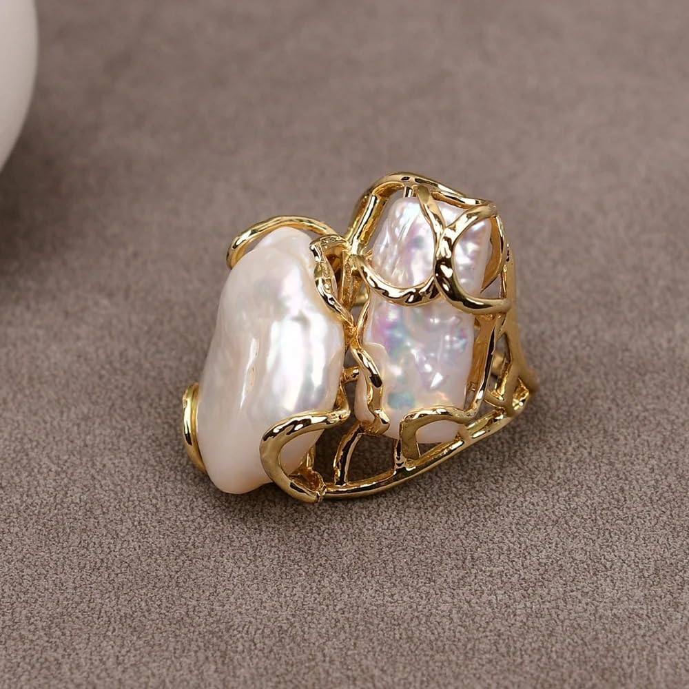 Natural Keshi Biwa Pearl Ring, Gold Plated Adjustable Band, White