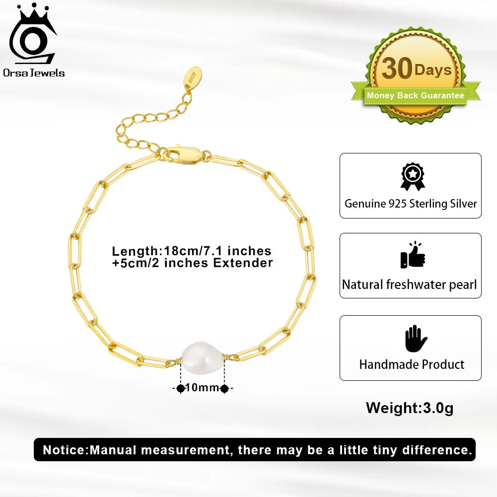925 Sterling Silver Natural Freshwater Pearl with Paperclip Vintage Chunky Link Chain Bracelet