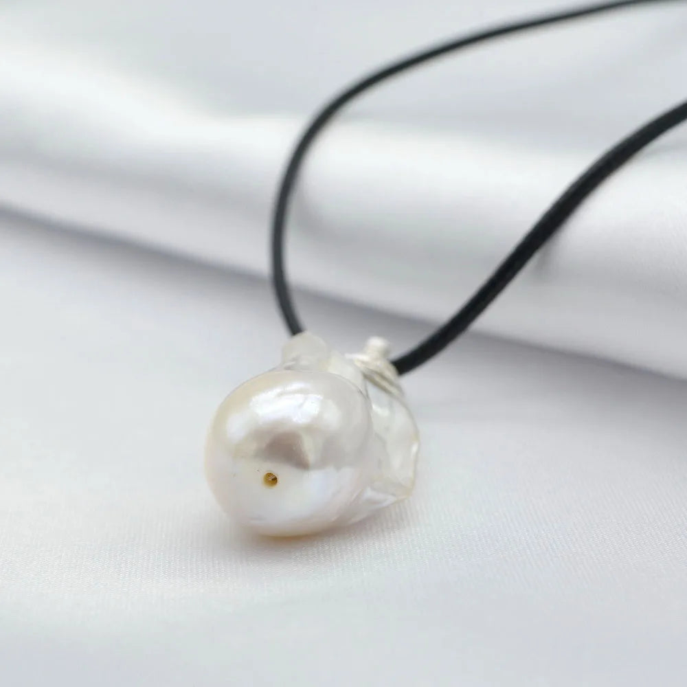 Women's Pendant White Large Baroque Pearl Sterling Silver Pendant Drop Shape Pearl Pendant Black Rope Necklace Free Shipping