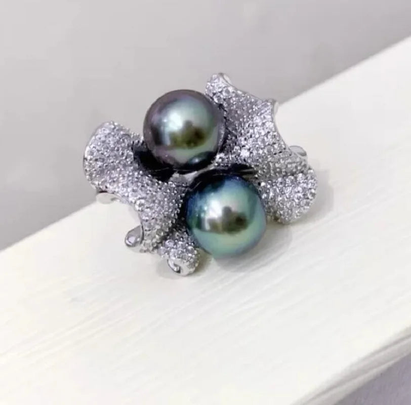 Classic South Sea Round  8-9mm black Pearl 925s Ring