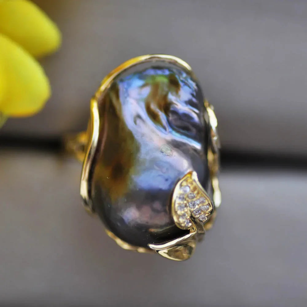 Classic Natural South Sea Black Baroque Pearl Pearl AAA15-20mm 925s Ring