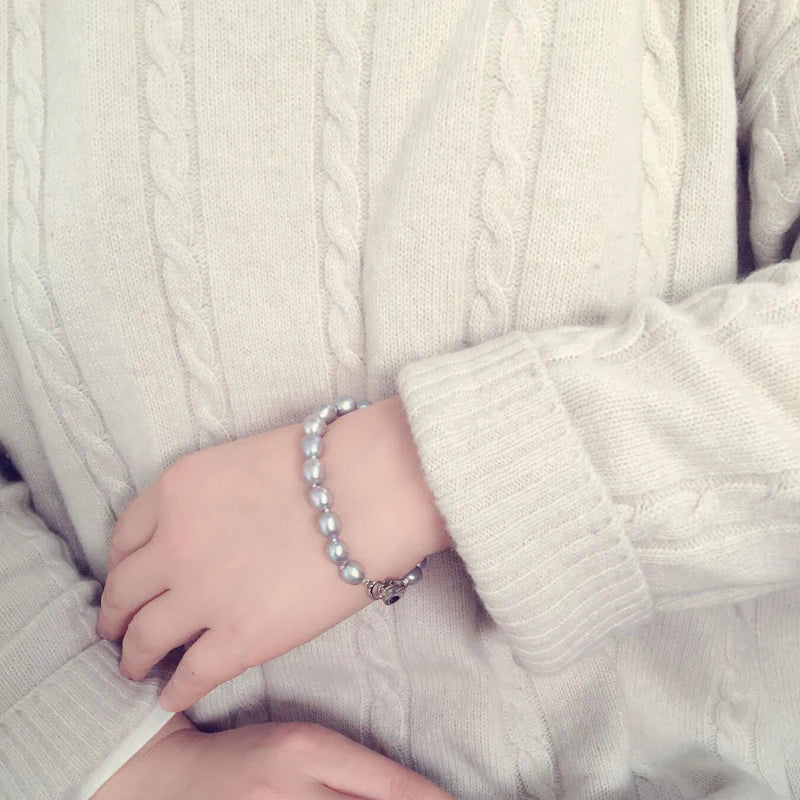 Vintage Freshwater Thread For Pearl Bracelet Silver 925,Grey Natural Pearl Jewelry Bracelet Girls Wife Mother Birthday Gift